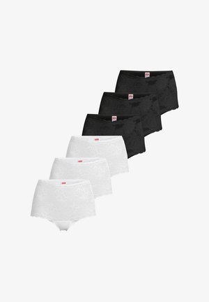 Vijf witte en drie zwarte kanten onderbroeken met hoge taille en bloemenpatronen, gerangschikt in twee overlappende rijen op een witte achtergrond.