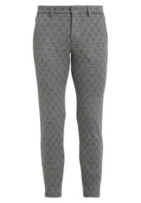 Slim-fit grå rutiga byxor med ett subtilt blått rutmönster, bältesöglor och framfickor, visade framifrån på vit bakgrund.