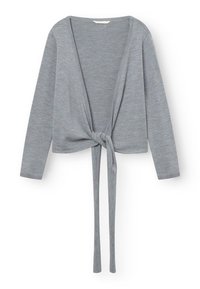 Grauer gestrickter Cardigan mit langen Ärmeln und einer Frontbinde-Verschluss. Verfügt über einen tiefen V-Ausschnitt und einen weichen, strukturierten Stoff. Keine Muster oder Akzente.