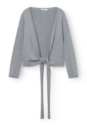 Cardigan grigio lavorato a maglia con maniche lunghe e chiusura anteriore con cravatta. Presenta un collo a V profondo e un tessuto morbido e testurizzato. Senza motivi né accenti.