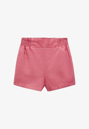 Pantaloncini rosa realizzati in tessuto leggero. Caratterizzati da una vita arricciata e un design semplice a gamba dritta senza tasche o dettagli aggiuntivi.