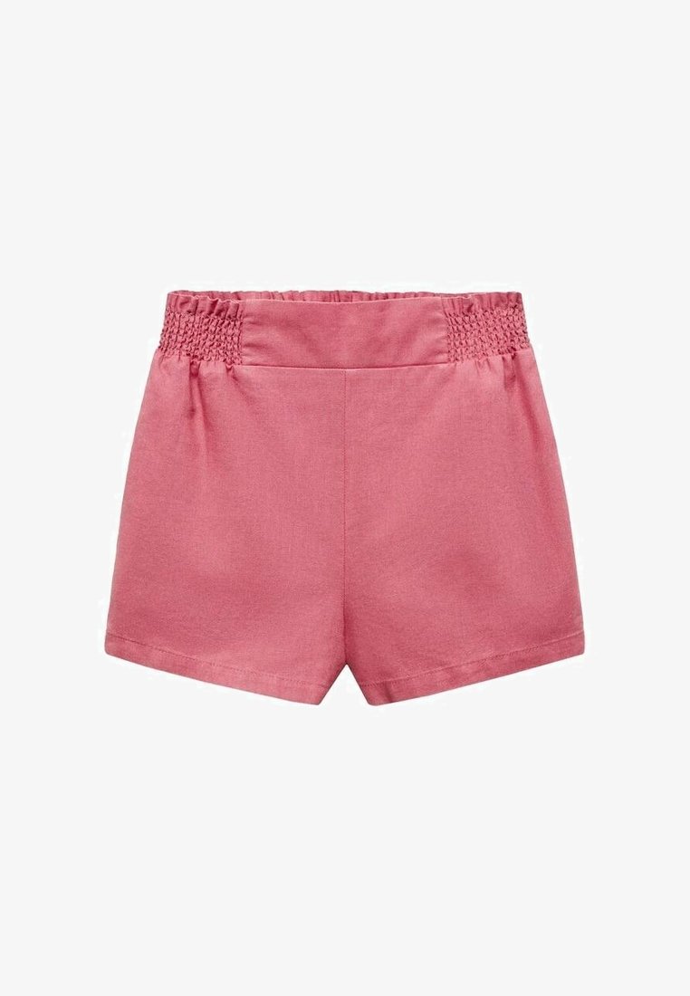 Shorts roses en tissu léger. Dotés d'une ceinture smockée et d'un design simple à jambes droites sans poches ni détails supplémentaires.
