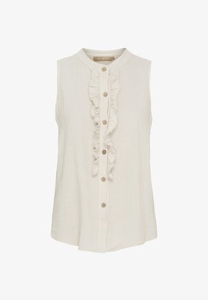 Ærmeløs cremefarvet bluse med rund krave, knaplukning foran og lodret rynkedetalje langs placket. Fremstillet af letvægtsstof.