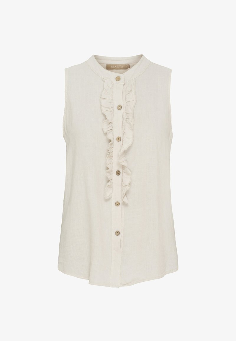 Ærmeløs cremefarvet bluse med rund krave, knaplukning foran og lodret rynkedetalje langs placket. Fremstillet af letvægtsstof.