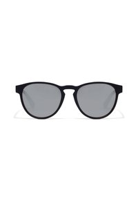 Black plastic sunglasses with gray lenses, cat-eye shape, and subtle browline accent. Smooth textured frames, lightweight design.