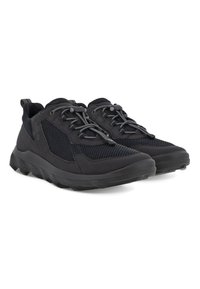 Black athletic shoes featuring a mesh upper, cushioned sole, and textured accents. Designed with minimal lacing and a sturdy heel.