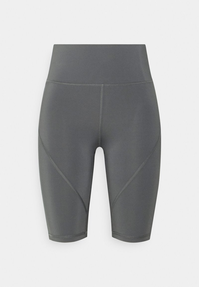 Gray athletic shorts with a high waist, smooth texture, and contrast stitching. Features angled side seams for a fitted look.