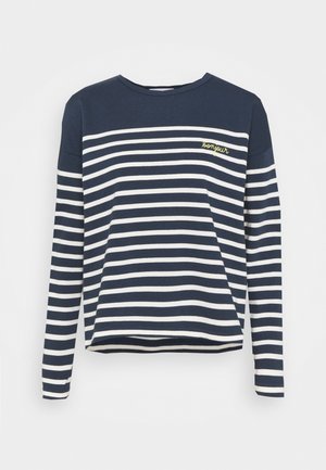 Maglietta a maniche lunghe a righe navy e bianche con scollo rotondo e ricamo giallo con la scritta "bonjour" sul petto in alto a sinistra.