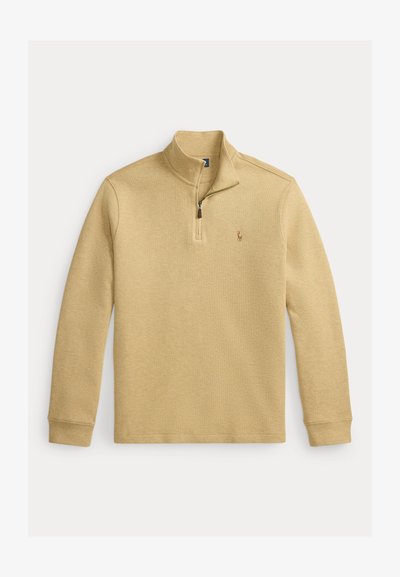 Pull beige à fermeture éclair quart, manches longues, poignets côtelés, col montant et petit logo brodé de cheval sur la poitrine gauche.