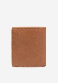 Bruine leren portemonnee met een textuur. Compacte rechthoekige vorm met nette stiksels en een gladde afwerking.