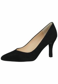Escarpin en daim noir à bout pointu, à empiècement bas et talon stiletto de 7,5 cm. L'intérieur est doté d'une doublure beige lisse.