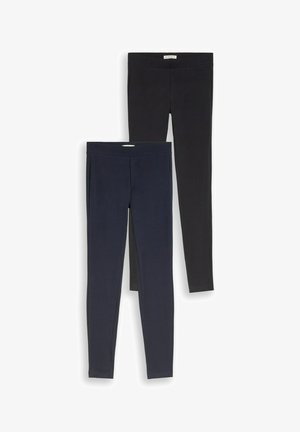Zwei Paar Slim-Fit-Leggings in Dunkelblau und Schwarz, flach liegend mit sichtbarem Bund, auf weißem Hintergrund.