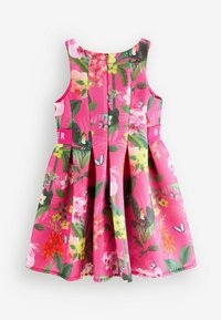 Blumenkleid aus pinkem Netzgewebe, mit grünen Blättern und bunten Blumen. Faltenrock mit einem Reißverschluss auf der Rückseite und einem markierten Taillendetail.
