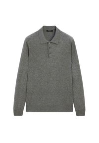 Polo shirt grigio a maniche lunghe realizzato in un tessuto morbido, con colletto classico e placca con tre bottoni sul davanti.