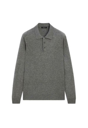 Grå långärmad polo skjorta gjord av ett mjukt tyg, med en klassisk krage och tre knappsläpp fram.