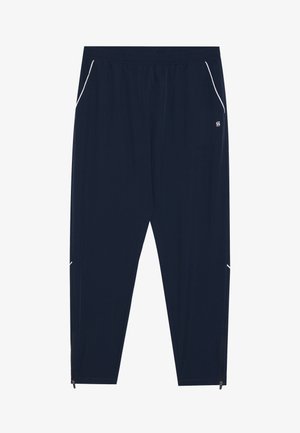 Pantalons de sport Navy avec une taille à cordon, des poches latérales, des garnitures blanches et des zips aux chevilles. Fabriqués en matériau léger et respirant.