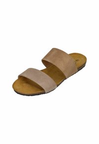 Tan suede slide sandal with two wide straps, open toe design, and contoured footbed. Rubber outsole for grip and comfort.