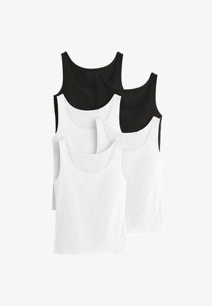 Neli musta ja valget tank topsi, mis on valmistatud pehmest puuvillast, laiemate rihmade ja klassikalise, liibuva disainiga, millel on sile tekstuur.