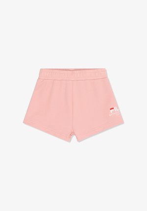 Różowe krótkie spodenki dla malucha z elastycznym pasem i małym białym i czerwonym logo na dolnej prawej nodze na białym tle.