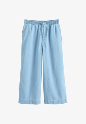 Hellblaue Hosen mit weitem Bein, elastischem Taillenbund und vorderer Kordel, aus weichem Stoff, vor weißem Hintergrund präsentiert.