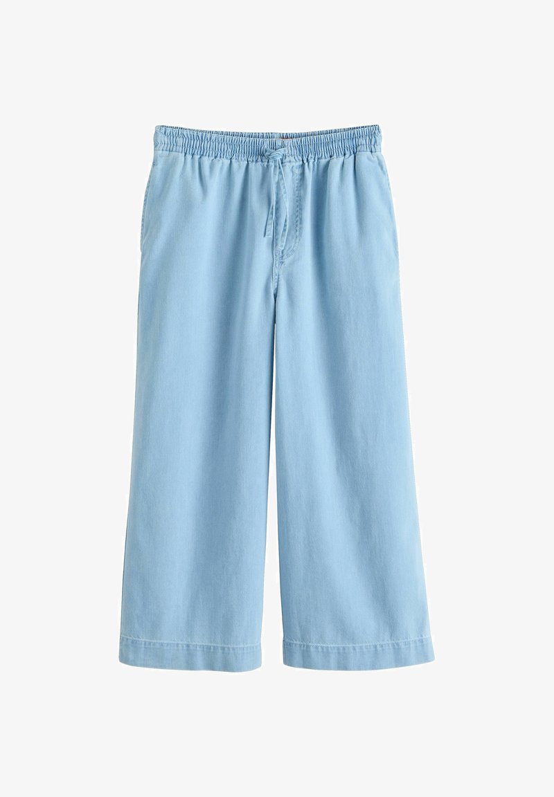 Pantalon à jambes larges bleu clair avec ceinture élastique et cordon de serrage frontal, en tissu doux, présenté sur fond blanc.