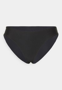 Mustat bikinit, joissa on sileä ja venyvä kangas. Korkeavyötäröinen malli, jossa saumattomat reunat ja minimalistinen muoto. Ei näkyviä kuvioita tai varusteita.