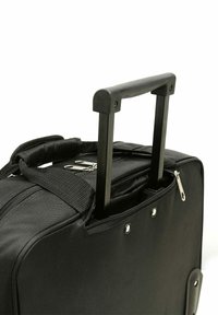 Black wheeled bag with a retractable handle, zippered compartment, and textured fabric. Features sturdy hardware and padded carrying straps.