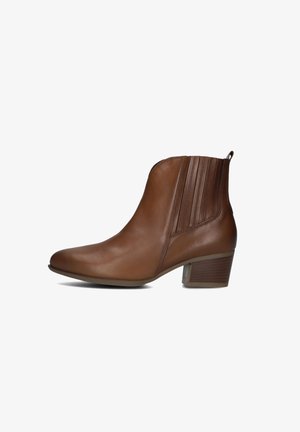 Brown leather ankle boot with a slim profile, vertical stitching detail on the side, and a low stacked heel. Smooth texture and rounded toe.