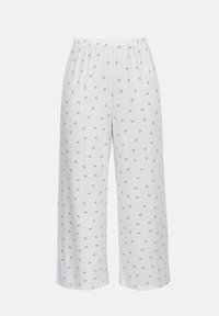 Λευκό φαρδύ παντελόνι με μικρά μαύρα σχέδια πεταλούδας και ελαστική μέση, παρουσιάζεται σε απλό φόντο.