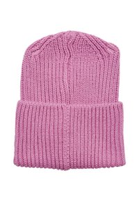 Gebreide roze beanie met een geribbelde boord, voorzien van een textuurpatroon en een afgerond topdesign voor extra warmte.
