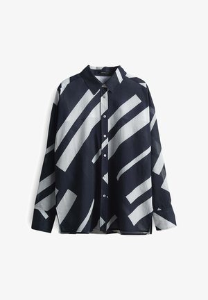 Button-up shirt made of lightweight fabric, featuring a navy blue background with bold white diagonal stripes and a classic collar.