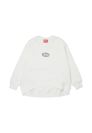 Weißes Sweatshirt mit langem Arm und Rundhalsausschnitt, gerippten Bündchen, kleinem ovalem Logo in der Mitte und einem roten Diesel-Label am Kragen.