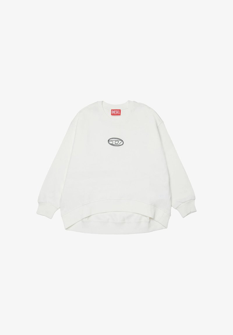 Sweat-shirt blanc à manches longues avec col rond, poignets côtelés, petit logo ovale au centre et étiquette rouge Diesel au niveau du col.