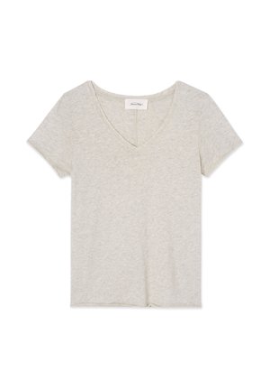 Light gray short-sleeve V-neck cotton T-shirt laid flat on white background.