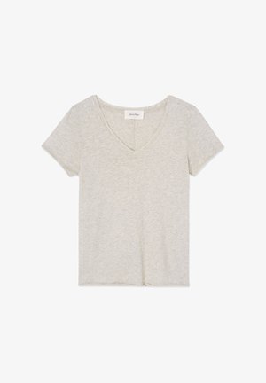 Light gray short-sleeve V-neck cotton T-shirt laid flat on white background.