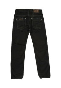Jean en denim noir à coupe droite, disposant de deux poches arrière, de coutures contrastées et d'un patch en cuir avec logo sur la taille.