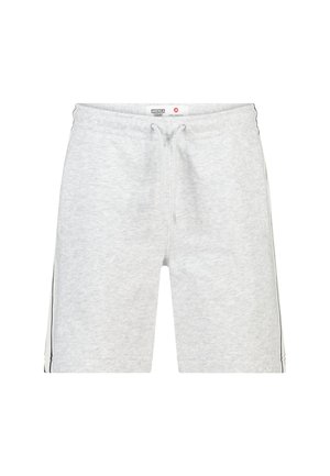 Lichtgrijze katoenen short met elastische tailleband en trekkoord, voorzien van zwarte zijstrepen en een label aan de voorkant.