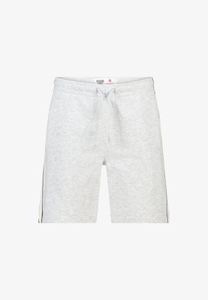 Lichtgrijze katoenen short met elastische tailleband en trekkoord, voorzien van zwarte zijstrepen en een label aan de voorkant.