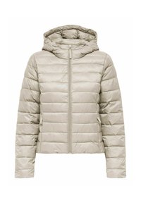 Gaiši bēša polsterēta virsjaka ar kapuci, vertikāla šūta tekstūra, pilna priekšpuses rāvējslēdzējs un īsa garuma. Spīdīga auduma tekstūra.