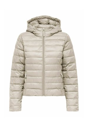 Svetlo bež odebeljena jakna s kapuco, navpičen vzorec prešitega materiala, z zadrgo spredaj po celotni dolžini in skrajšano dolžino. Sijajna tekstura tkanine.