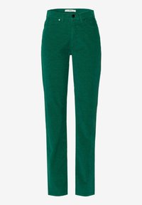 Pantalon en velours côtelé vert à jambes droites avec fermeture par bouton et zip et poches avant et arrière.