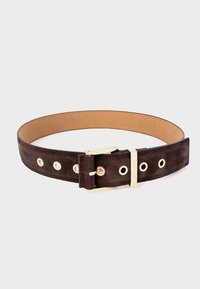 Brown suede belt with a gold-tone buckle and several eyelets along the strap. The interior features a smooth light tan lining.