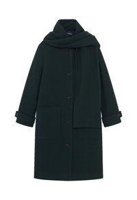 Tummanvihreä villatakki, jossa on korkea kaulus, pitkät hihat, nappikiinnitys, kaksi etutaskua ja vastaava huivilahje.