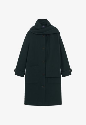 Dunkelgrüner Wollmantel mit hohem Kragen, langen Ärmeln, Knopfverschluss, zwei Fronttaschen und passendem Schal.
