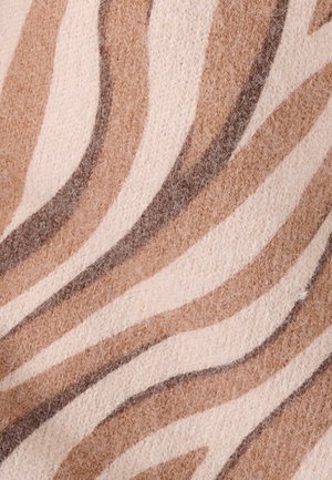 Tela de patrón marrón y crema con textura suave y difusa, con un diseño ondulado que recuerda a las rayas de una cebra.