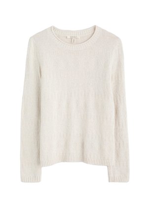 Pull en maille couleur crème avec manches longues, col rond et motif texturé subtil, fabriqué en coton biologique.