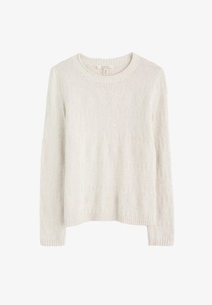 Pull en maille couleur crème avec manches longues, col rond et motif texturé subtil, fabriqué en coton biologique.