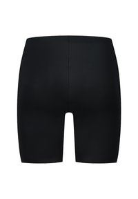 Mallas cortas negras hechas de un material suave y elástico, con un diseño ajustado y longitud a medio muslo. Construcción sin costuras en la parte posterior.