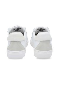 White sneakers featuring a leather upper with a suede heel accent, rounded shape, textured sole, and minimalistic design.