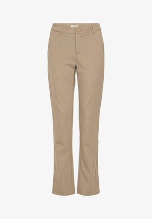 Beige broek met een gladde textuur, een geklede pasvorm, een lichte flared onderkant, voorzakken en een gouden knoopsluiting bij de taille.